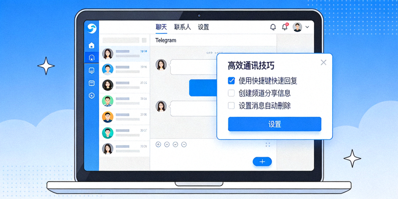 电脑屏幕上显示Telegram中文版界面，展示高效通讯技巧