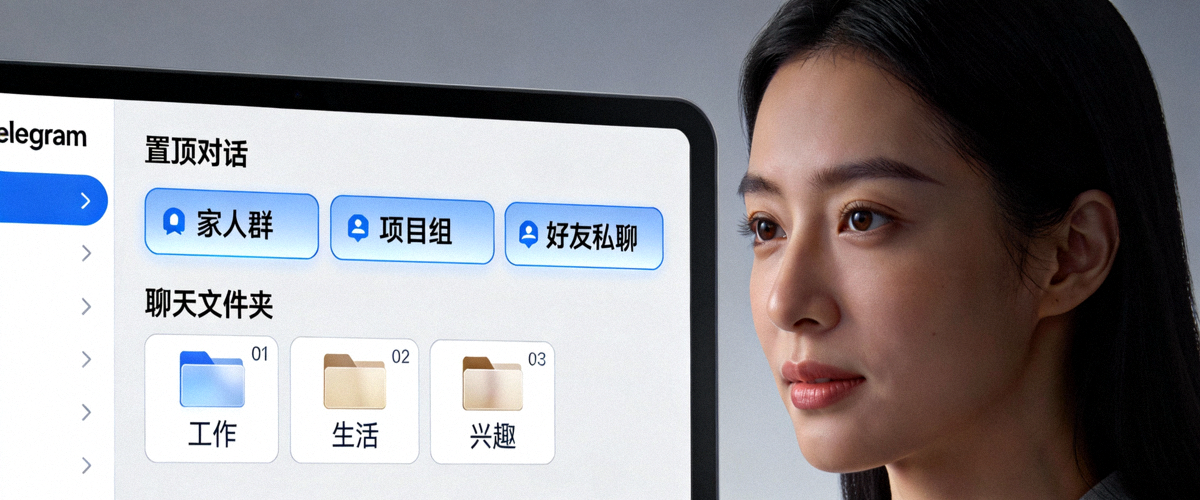 电脑屏幕上Telegram界面展示清晰分类的聊天文件夹和置顶对话