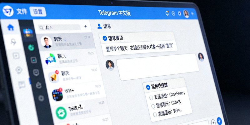 电脑屏幕上显示Telegram中文版界面，展示高效通讯技巧如快捷键和消息置顶