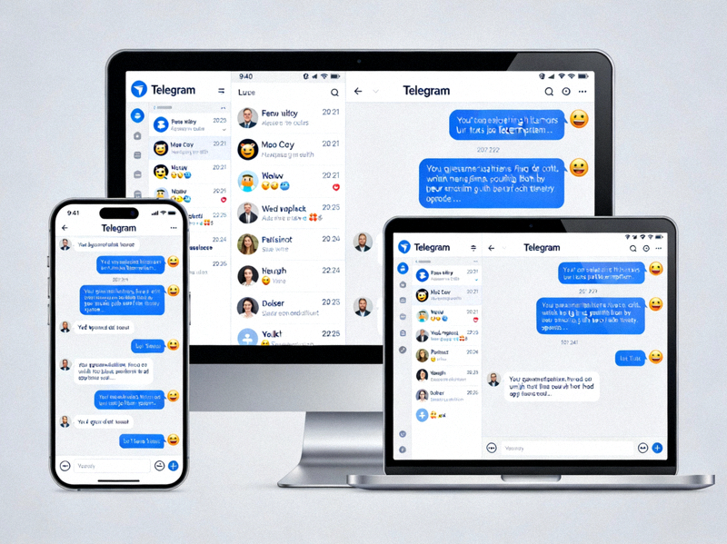 电脑、手机、平板三设备屏幕显示相同Telegram对话界面的同步示意图