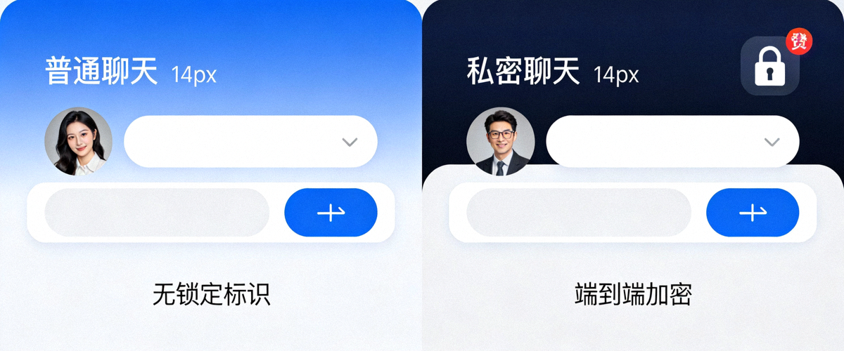 对比图展示Telegram普通聊天与带有锁定标识的私密聊天界面区别