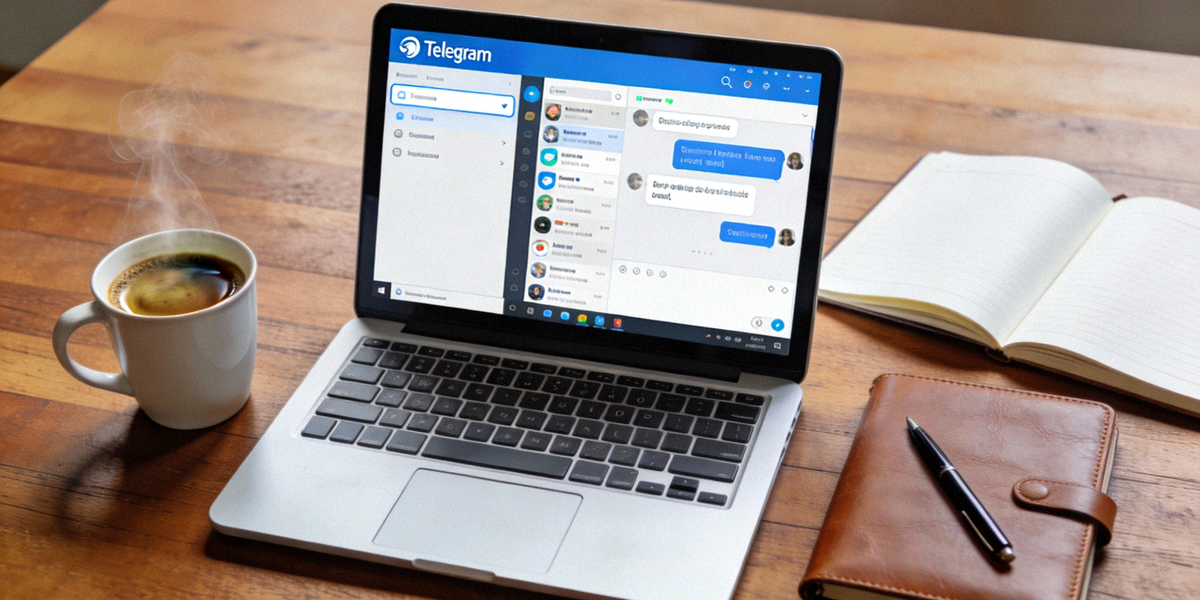 宽敞的办公桌上，一台笔记本电脑屏幕显示着Telegram电脑版界面，旁边放着咖啡和记事本