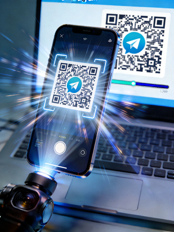 手机正在扫描电脑屏幕上Telegram二维码的动态示意图