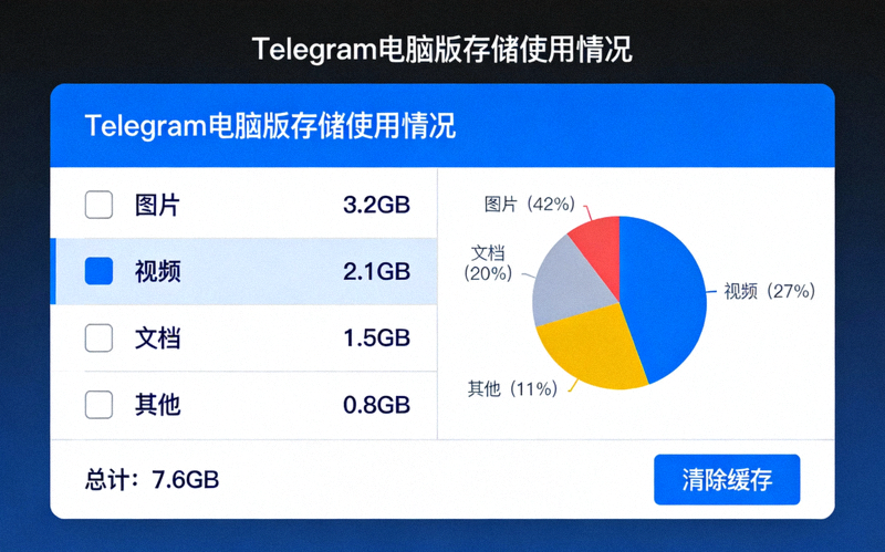 Telegram电脑版存储使用情况分析界面，展示各类文件占用空间