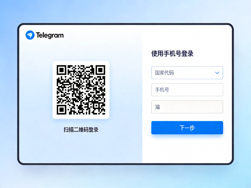 Telegram电脑版登录界面，显示二维码扫描区域和手机号登录选项