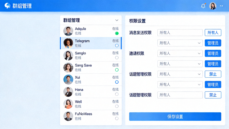 Telegram电脑版群组管理界面截图，展示成员列表和权限设置