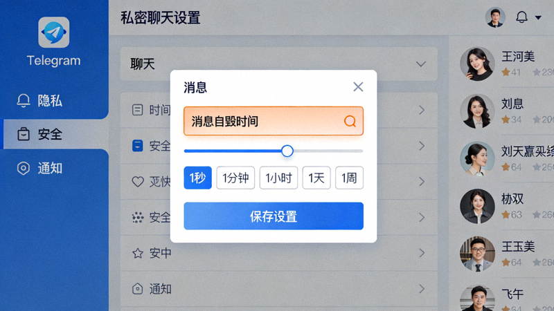 Telegram电脑版私密聊天设置界面，高亮显示设置自毁时间选项