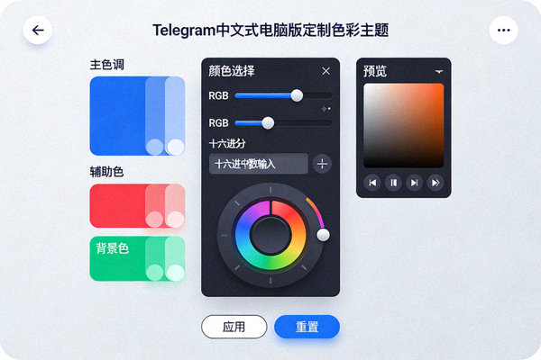 Telegram中文版电脑版自定义色彩主题编辑器界面，展示颜色选择器