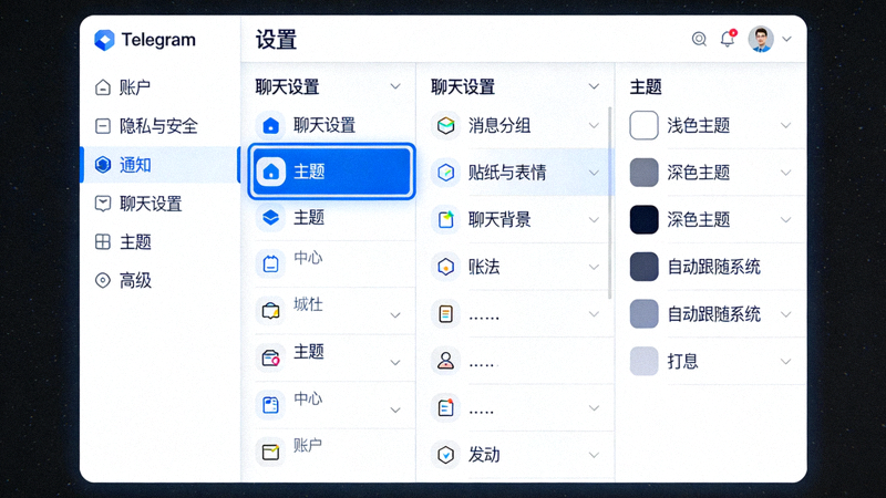 Telegram中文版电脑版设置菜单界面截图，高亮显示聊天设置和主题选项