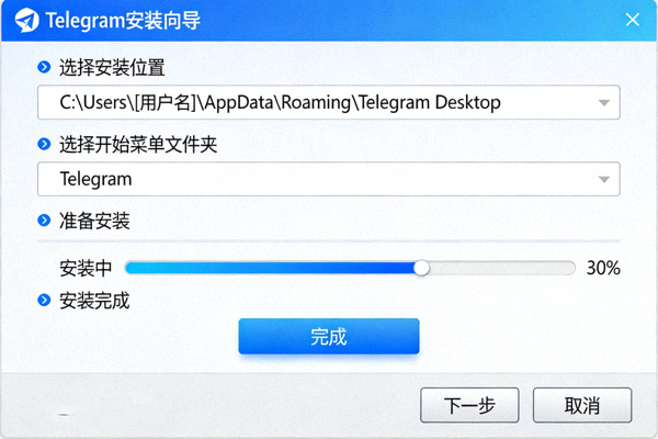 Windows系统安装Telegram桌面版的过程界面截图，显示安装向导步骤