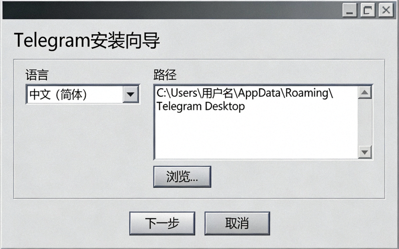 Windows系统下Telegram安装程序启动界面，显示安装语言和路径选择