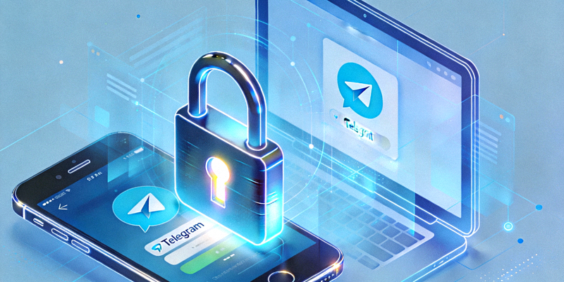 一个巨大的锁图标与手机电脑设备重叠，象征Telegram的加密安全与隐私保护