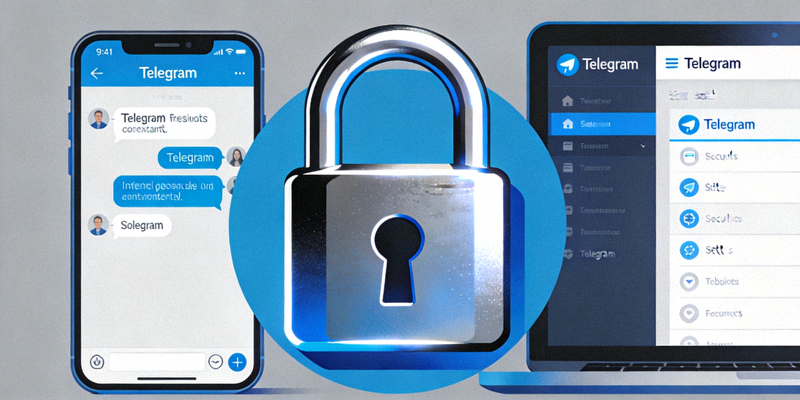 一个巨大的锁图标与手机电脑设备重叠，象征Telegram的加密安全