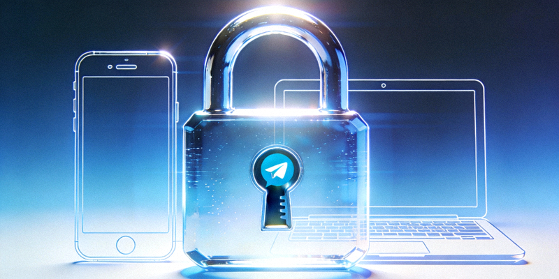 一个巨大的锁图标与手机电脑设备重叠，象征Telegram的加密安全