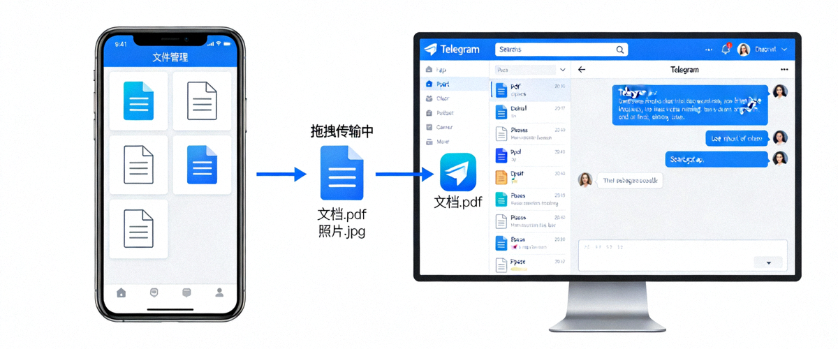 用户将手机中的文件通过拖拽方式传输到电脑版Telegram的界面示意图